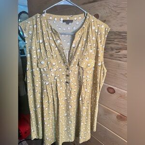 Chico's Gold and Cream Pleated Blouse with Mandarin Collar